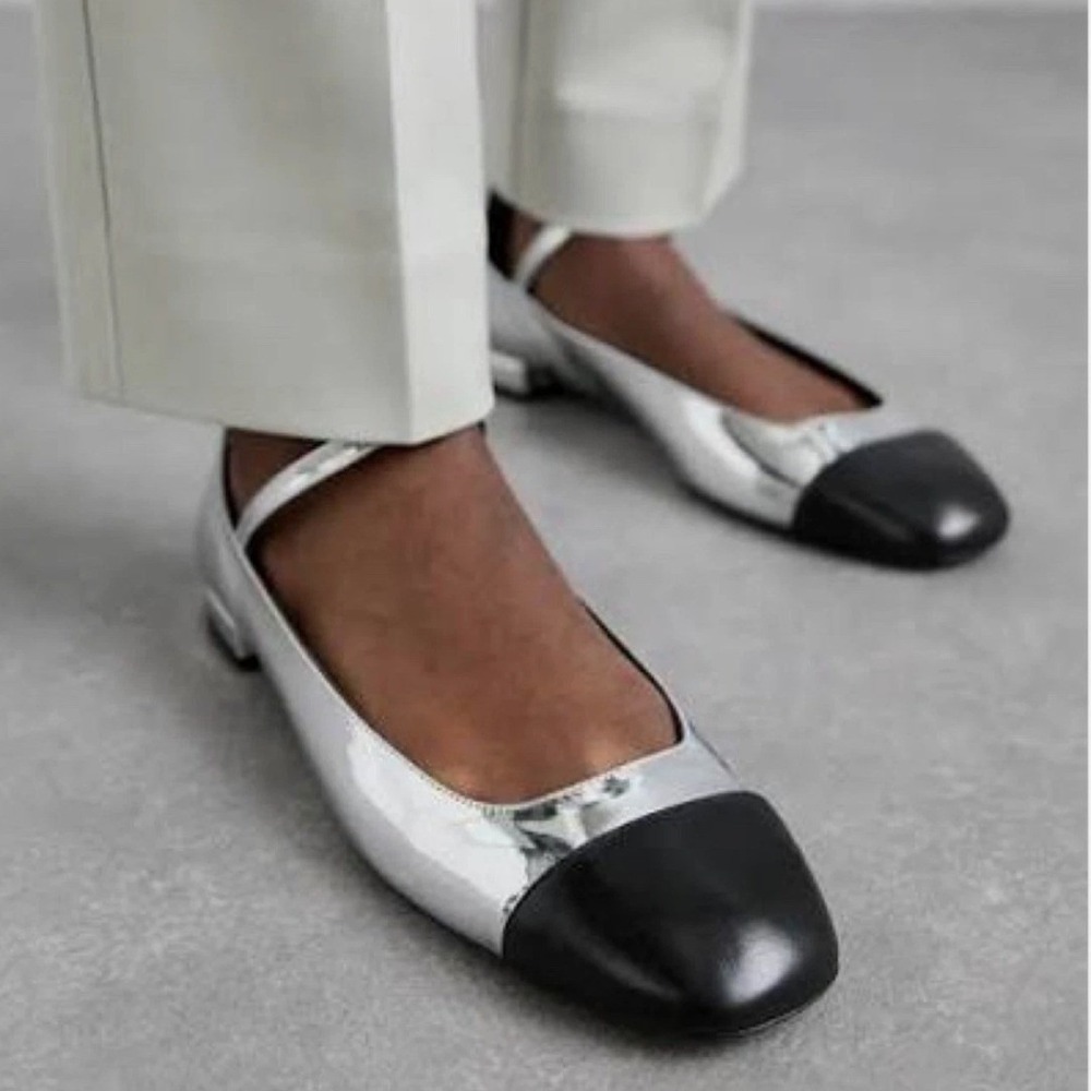 Stuart Weitzman Eden Cross Strap Silver Black Cap Toe Ballet Flats Shoes 8